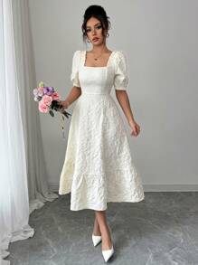 Elenzga Gaun Wanita Polos Motif Bunga Daisy Jacquard dengan Pinggang Berkerut, Elegan untuk Sehari-hari & Liburan, Lengan Mengembang - Aprikot - View 6