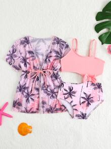 SHEIN 2 件装女婴泳衣套装，可爱草莓印花蝴蝶结装饰连体泳衣和防晒斗篷