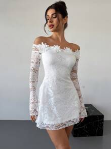 Firerie 情人节优雅浪漫约会花卉 3D 流苏蕾丝露肩收腰 A 字形白色连衣裙 - 白色 - 查看 6