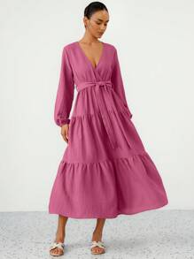 Aveloria Modichic Elegantes, farbenfrohe Wickel-Taille Paneelkleid mit ausgestelltem Saum und Laternenärmel für Damen - Violett - Übersicht 3