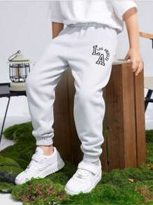 SHEIN Playful Pals Young Boy Casual Letter Print Long Pants, Suitable For Outdoor Play And Casual Wear