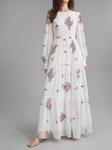 Ontre Vestido elegante de gasa rosa con estampado floral y mangas de farol románticas