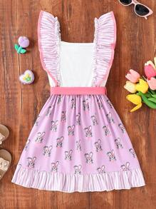 SHEIN Young Girl Cute Rabbit Graphic Print Ruffled Collar Dress,Kids Easter Bunny Clothes Lavender,Summer,Fairy,Birthday,Wedding Guest Bunny Dress For Girls - Multicolor - View 2