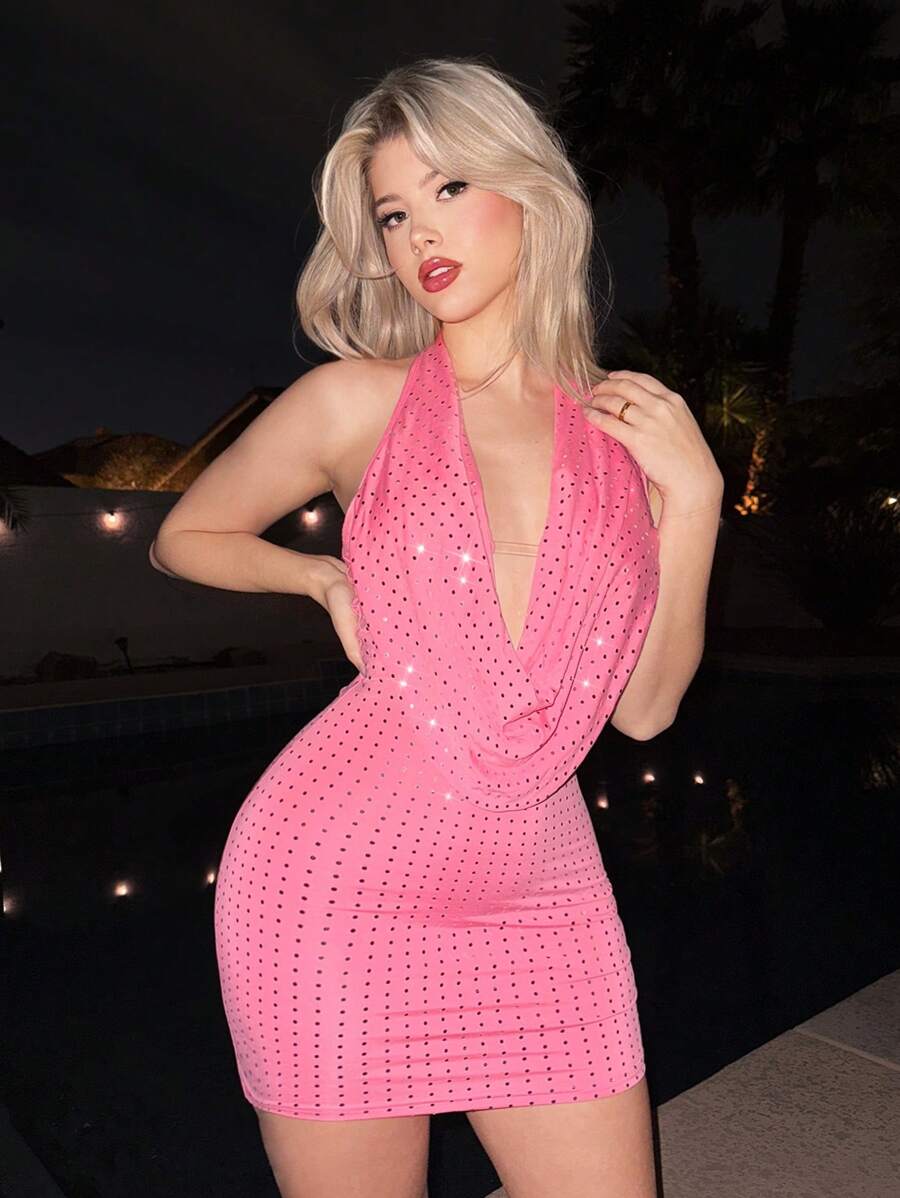 EgrlEra 女士深垂领亮片吊带裙（粉色） - 粉色 - 查看 1