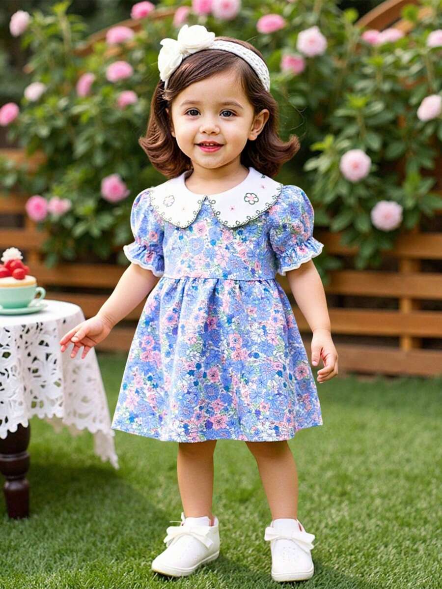 Baby Girl Peter Pan Collar Short Sleeve Floral Print Casual Dress