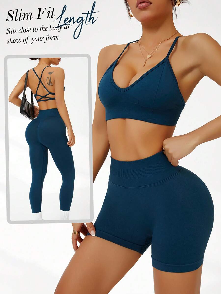 Easithlete 女士纯色后背交叉运动文胸和短裤两件套