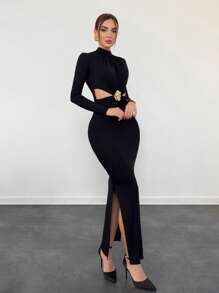 Aloruh Women's Sexy Fashionable Elegant High Collar Side Hollow Front Center Metal Button Decoration Slim Black Long Sleeve Dress Christmas Party Women Dress New Year Eve Dress Christmas Dress Thanksgiving Dress Holiday Dress New Years Dress Christmas Party Dress Party Women Dresses