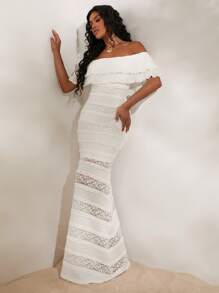 Opulessa Women's Knitted Solid Color Lace Off Shoulder Form-Fitting Fish Tail Dress  ,Ruffle Hem Twist  Dress Brown Off-The-Shoulder Dress,  Ruffle Dress, Boho Dress, Elegant Dress, Western Cowboy Girl, Going Out Dress, Party, Club Outfits, Women Concert Dress,For Autumn And Winter,Mermaid, Bohemian Outfits, Ibiza Outfits, Western Style - White - View 7