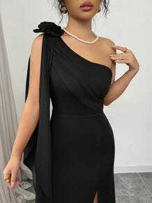 SHEIN Elenzya 女士纯色无袖立领花卉装饰开衩优雅连衣裙 - 黑色 - 查看 3