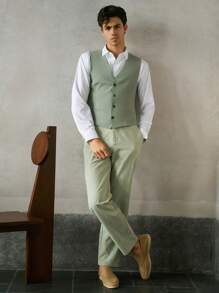 Manfinity VCAY Slim Fit Men's Woven Casual Vest - Green - View 2