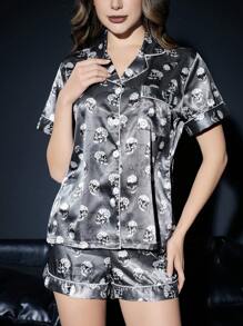 ROMWE Gothic Skeleton Satin Collared Button Short Sleeve Shorts Pajama Set, Silky - Light Grey - View 2