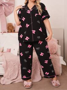 加大码女士字母蝴蝶结印花翻领撞色缝线上衣和裤子睡衣套装，圣诞节礼物