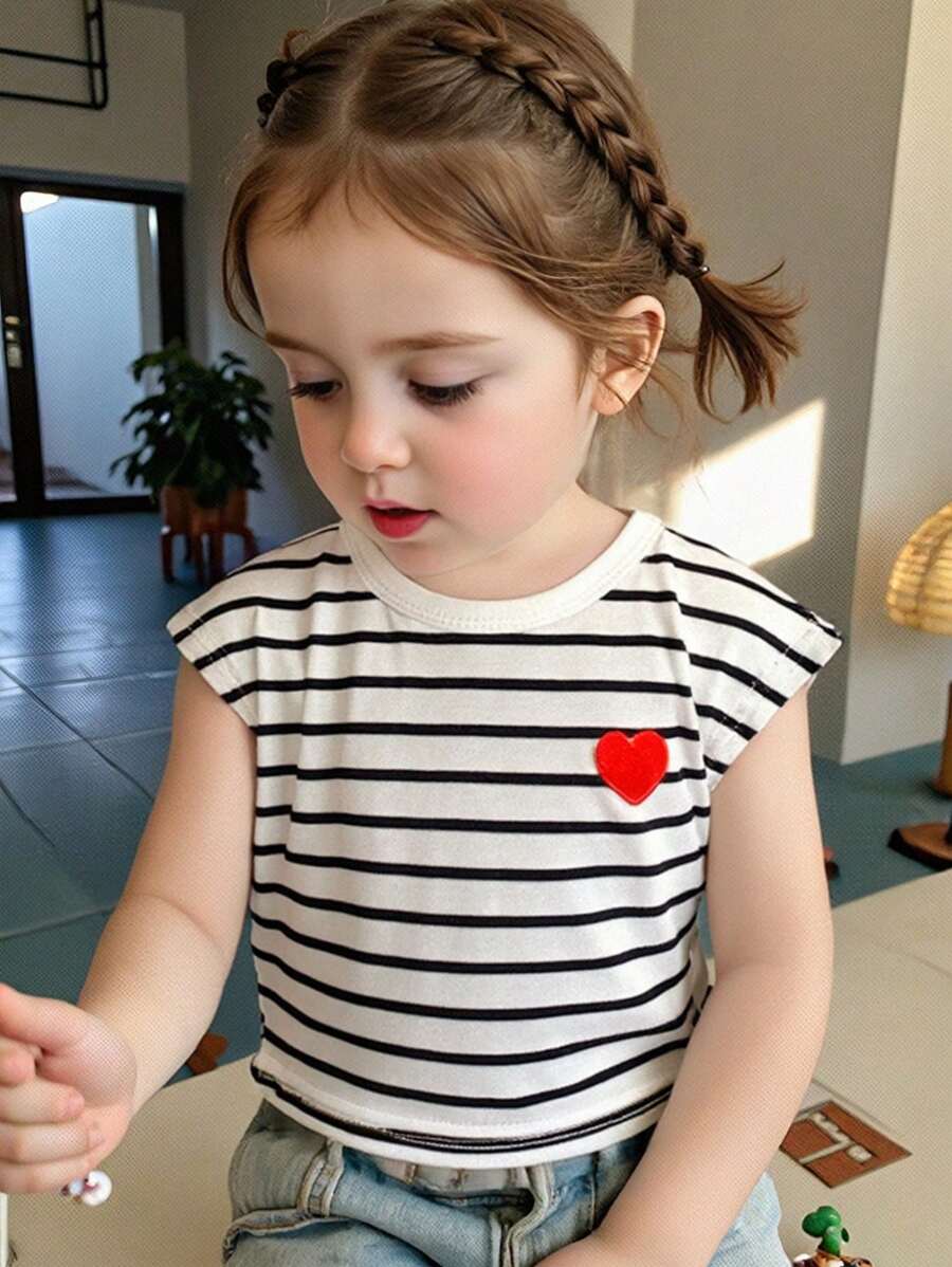 SHEIN Baby Girl Infant Toddler Casual All-Match Everyday Versatile Heart Embroidery Black & White Striped Short Sleeve T-Shirt Top, 0-3 Years Old - Black and White - View 1