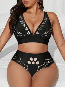 SHEIN Swim Curve 2pcs Plus Size Women Summer Beach Wear Set, Solid Color Cutout Design Swimwear, Casual & Creative For Holiday