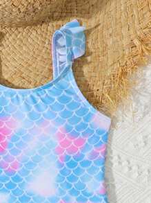 Young Girl Mermaid Print One Piece Swimsuit With Cover-Up Skirt, Printed Design Varies - Multicolor - View 4