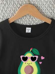 青少年女孩鳄梨印花短袖和短裤两件套睡衣套装，休闲舒适 - 黑色 - 查看 4