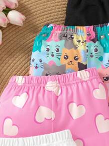 SHEIN 4pcs Young Girls Elastic Waist Cat & Heart Graphic Print Knitted Stretch Shorts, Comfortable And Fashionable Leggings Summer Holiday