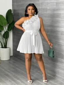 Slaydiva Plus Size Women Floral Ruffle Asymmetric Shoulder Wide Leg Jumpsuit,Graduation Dress - White - View 4