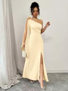 Elenzga Red Asymmetric Floral Accent Slit Flared Sleeve Dress