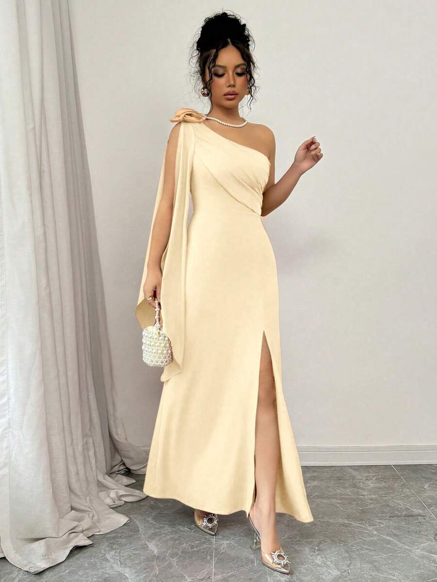 Elenzga Red Asymmetric Floral Accent Slit Flared Sleeve Dress