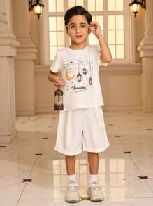 2pcs/Set Young Boy Ramadan Monochrome Retro Print Graphic T-Shirt - Black and White - View 3