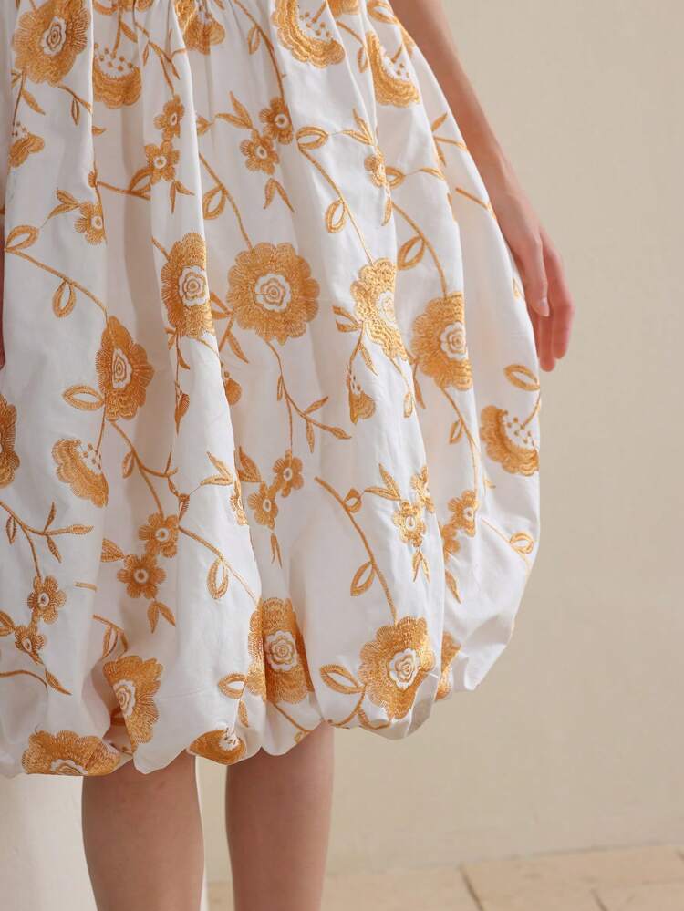 Elegant Women Spaghetti Strap Embroidered Waist Ruffle Midi Dress, Suitable For Summer, Beach, Festival, Holiday, Vacation