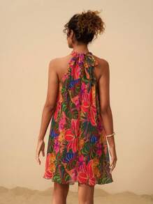 Travachic Damen Urlaubs-Lässig Tropischer Blume Muster Träger-Minikleid im Hawaii-Stil, Urlaubsstrandoutfit, tropisches Sommer-Strandkleid, geeignet für Party, Date, Nachmittagstee, Musikfestival - Heißes Pink - Übersicht 2