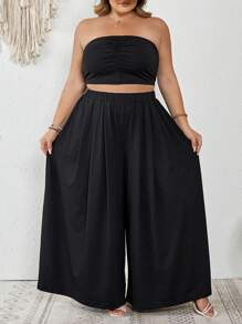 SHEIN CURVE+ 大码女式夏季波西米亚风露背褶皱裤套装，海滩度假性感波西米亚风度假 - 黑色 - 查看 5