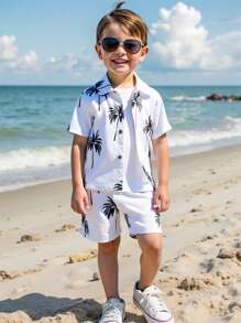 SHEIN 2 Piezas / Set Camisa Casual De Los Niños Pequeños Con Diseño Hawaiano, Conjunto Para La Vacaciones De Verano
