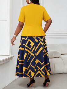 SHEIN Lady Plus Size Contrast Color Geometric Print Skirt Teacher Clothing Set Women's Two Pieces Summer Women's Suit Valentine's Day Vacation Outfits Woman New Year Party Sundress Lounge Sets For Women Church Clothes Women Spring Outfits For Women
