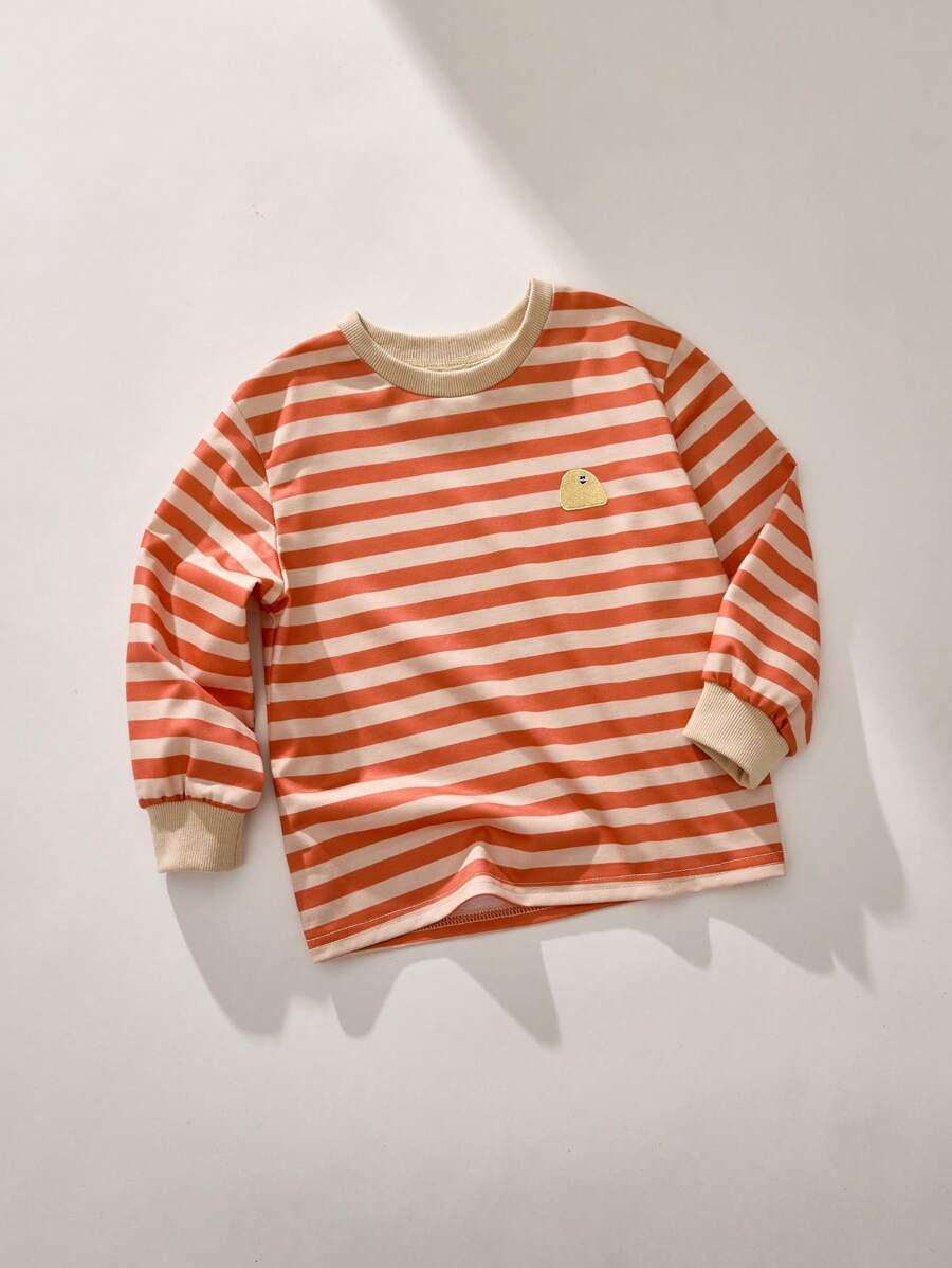THE HAPPY LOOK Young Boys Cute Embroidered Striped Collar Contrast Rib Drop Shoulder T-Shirts, Casual Sporty Style, For Winter And Spring - Yellow - View 1