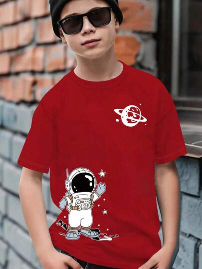 SHEIN Tween Boy 1 st. Astronaut Tecknad Film Tryckt Basic Runda Hals Kort Ärm T-shirts