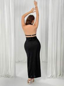 Firerie Plus Size Elegant Open Back V-Neck Tight Fitting Long Formal Dress, Simple Black Cocktail Gown For Women - Black - View 4