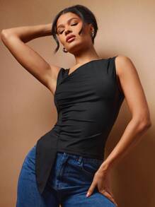 Hauture 女士春夏时尚纯色褶饰不对称吊带背心 - 黑色 - 查看 2