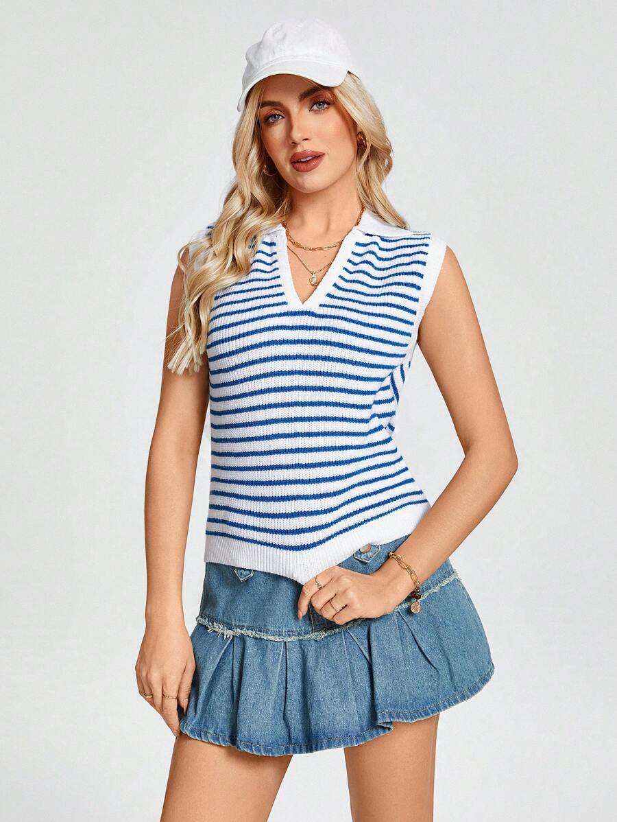 SHEIN LUNE Boho Women Clothing Western Wear Women Beach Women Knit Tops - Blue and White - View 1