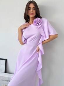 Firerie Vestido corto de manga corta, de cintura alta y corte evasé, en color rosa-púrpura, con volantes y estampado floral, elegante y romántico, ideal para el Día de San Valentín, el Ramadán o de vacaciones