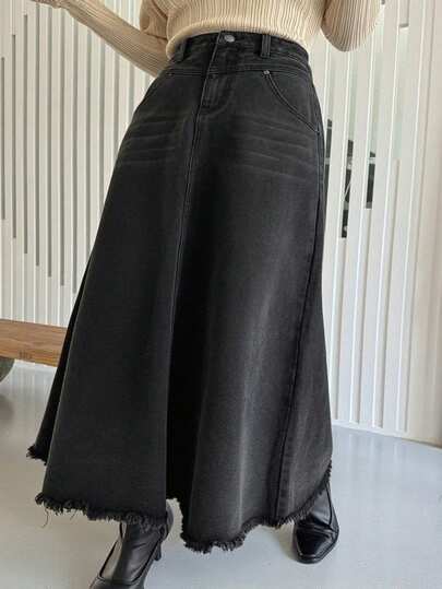 Dazy Plus Plus Size Stonewashed Catwhisker Hem Long A-Line Denim Skirt, Suitable For All Seasons Jeans Skirt Fall/Winter