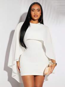 SHEIN SXY 优雅简约纯白色飘逸长款披肩领迷你连衣裙，适合斋月、通勤、派对、约会、生日、鸡尾酒会、伴娘、晚间外出、正式场合 - 白色 - 查看 1