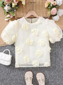 SHEIN Tween Girls 优雅简约泡泡袖 3D 花朵衬衫 - 杏色 - 查看 1