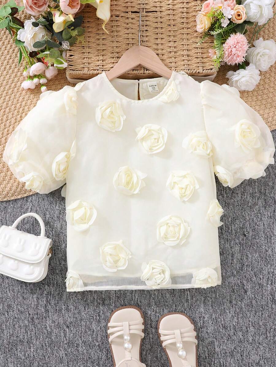 SHEIN Tween Girls 优雅简约泡泡袖 3D 花朵衬衫 - 杏色 - 查看 1