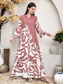 Seusyu Women Floral Print Long Sleeve Hooded Casual Arabian Dress,Modest - Pink - View 4