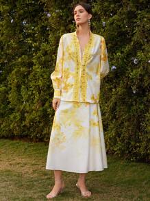 Anewsta Conjunto de dos piezas de mujer tejido, posicionamiento a la moda, estampado con empalme, pequeños detalles de encaje, elegante conjunto de dos piezas amarillo de primavera - Amarillo - Ver 7