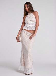 SHEIN BAE White Floral Mesh Lace Ruffle Hem Halter Neck Top, Elegant Beach, Party, Wedding Guest For Women, Spring/Summer - White - View 1
