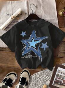 SHEIN Pentagram Graphic Round Neck T-Shirt For Young Boys, Casual Minimalist Design, Suitable For Summer
