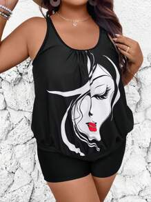 SHEIN Swim Lushore Plus Size Vacation Casual Face Print Halter Bikini Top - Black and White - View 4