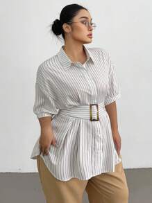 Flirla Plus Size Women Striped Print Collared Button Front Cinched Waist Waist Short Sleeve Casual Elegant Fitted Shirt, Spring/Summer - Apricot - View 5