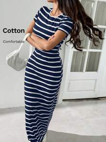 SHEIN EZwear 黑白条纹圆领短袖修身连衣裙秋冬款 - 藏蓝色 - 查看 7