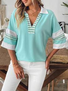 SHEIN LUNE Women's Western Country Casual Vacation Distressed Colorblock Patchwork Cotton Short Sleeve Polo Collar T-Shirt Top, Summer