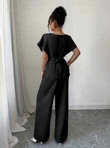 Elenzga 女士纯色 V 领褶皱腰休闲连体裤 - 黑色 - 查看 2
