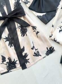 LuxeNights 3件套优雅花卉印花仿丝绸女士睡衣套装，秋冬服装 - 黑色 - 查看 6